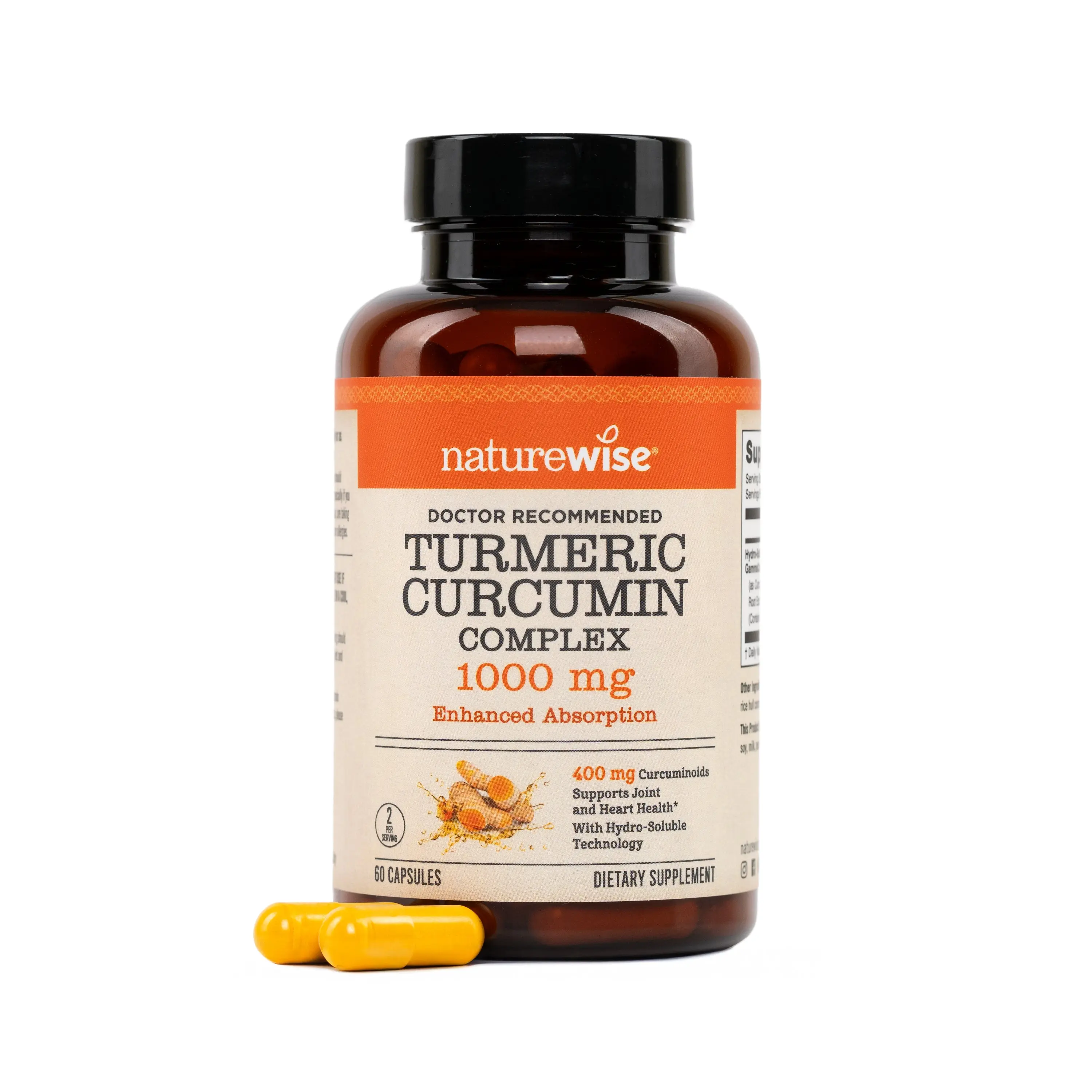 NatureWise Extra Strength Turmeric Curcumin 1000mg with Hydro-Soluble Technology for Ultra Absorption - 400mg Curcuminoids for Immune Support - Vegan, Non-GMO, 60 Capsules - USA Manufactured