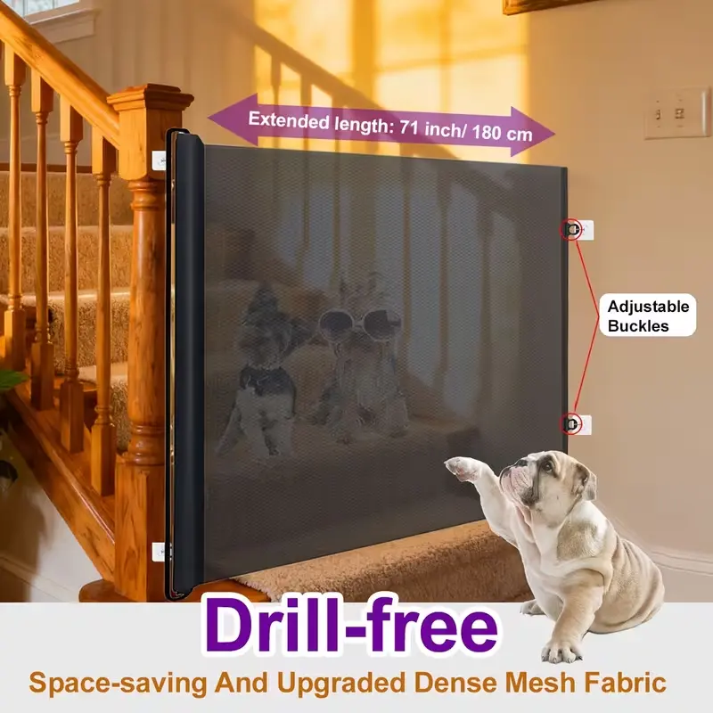 Drill-Free Retractable Mesh Pet Gate, Extra Wide Dog Cat Safety Barrier for Stairs Doorways, No Drilling Easy Install Pet Isolation Fence, Foldable Dense Mesh Pet Proof Guard for Indoor House Hallway,Love gifts