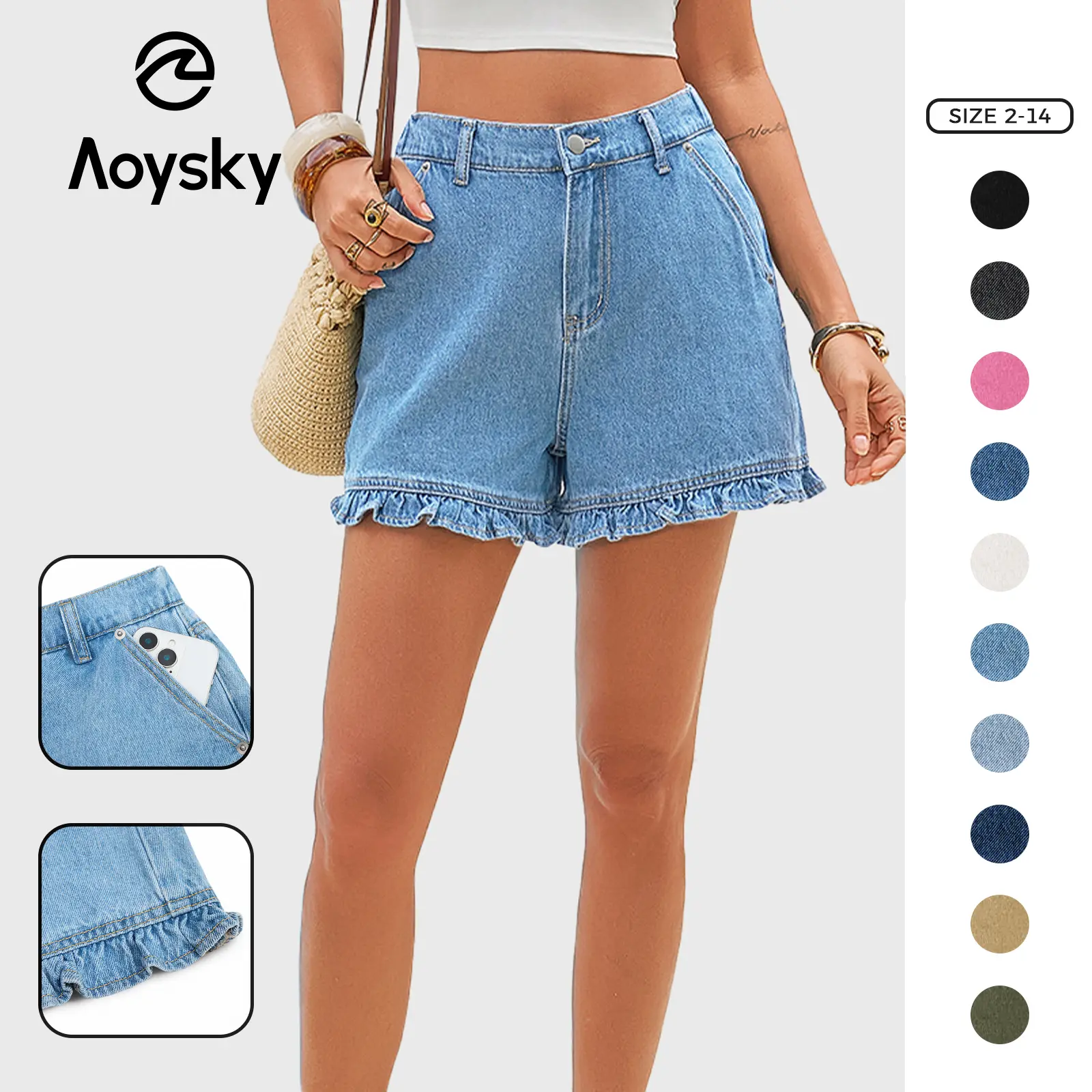 Aoysky Women's High-Waisted Fitted Ruffle Denim Jean Shorts - Cotton Basic Summer Bottoms with Pockets, Women's Shorts for Daily Wear, Jean Shorts For Women,summerwins,summeroutfits,vacationoutfits,beachoutfits,back to school shopping
