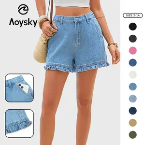 Aoysky Women's High-Waisted Fitted Ruffle Denim Jean Shorts - Cotton Basic Summer Bottoms with Pockets, Women's Shorts for Daily Wear, Jean Shorts For Women