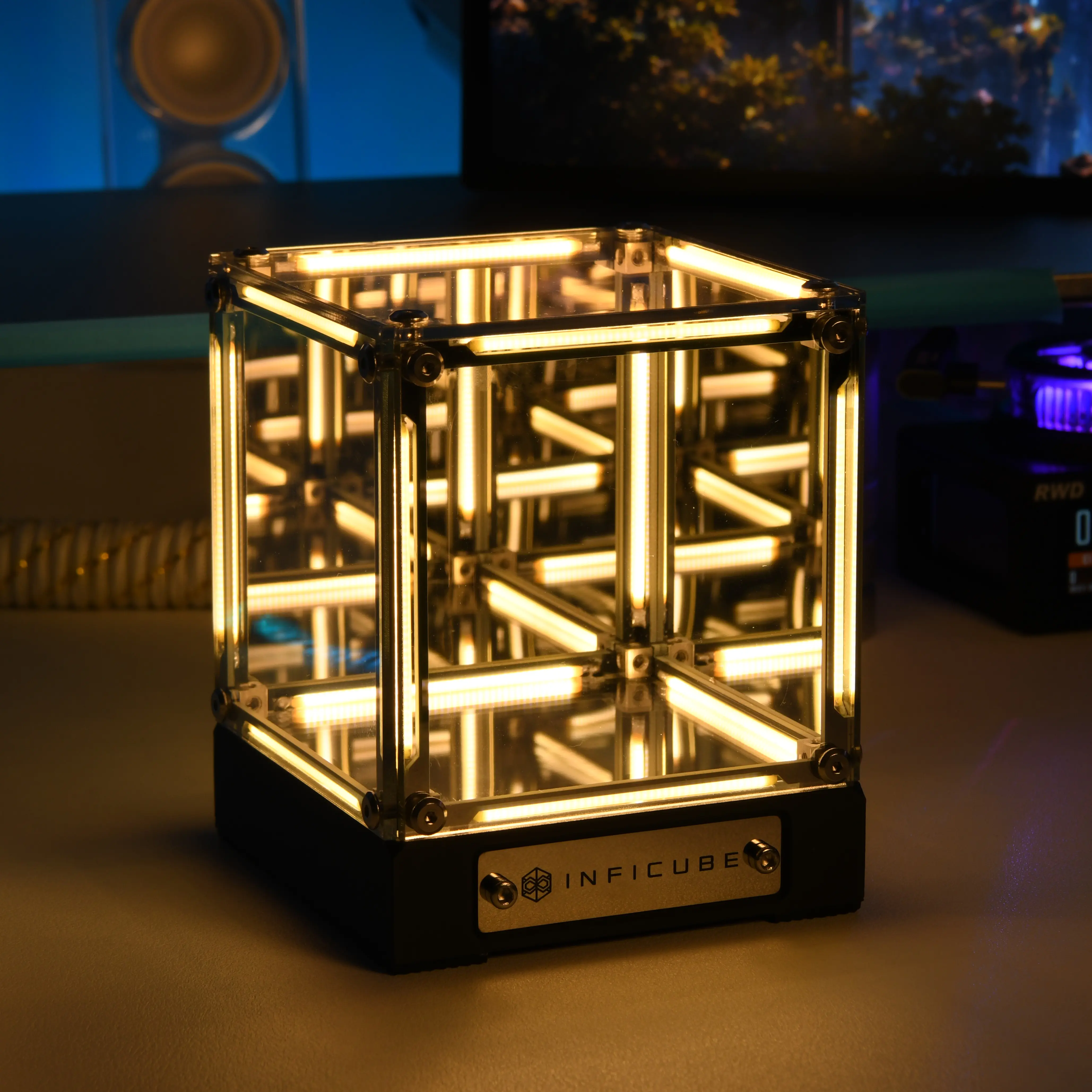 Infinity Mirror Cube Lamp with Display Case | Tesseract Abyss Light, USB-C Rechargeable, Touch Dimmable LED Desk Decor for Gaming Room, Bedroom & Shelf