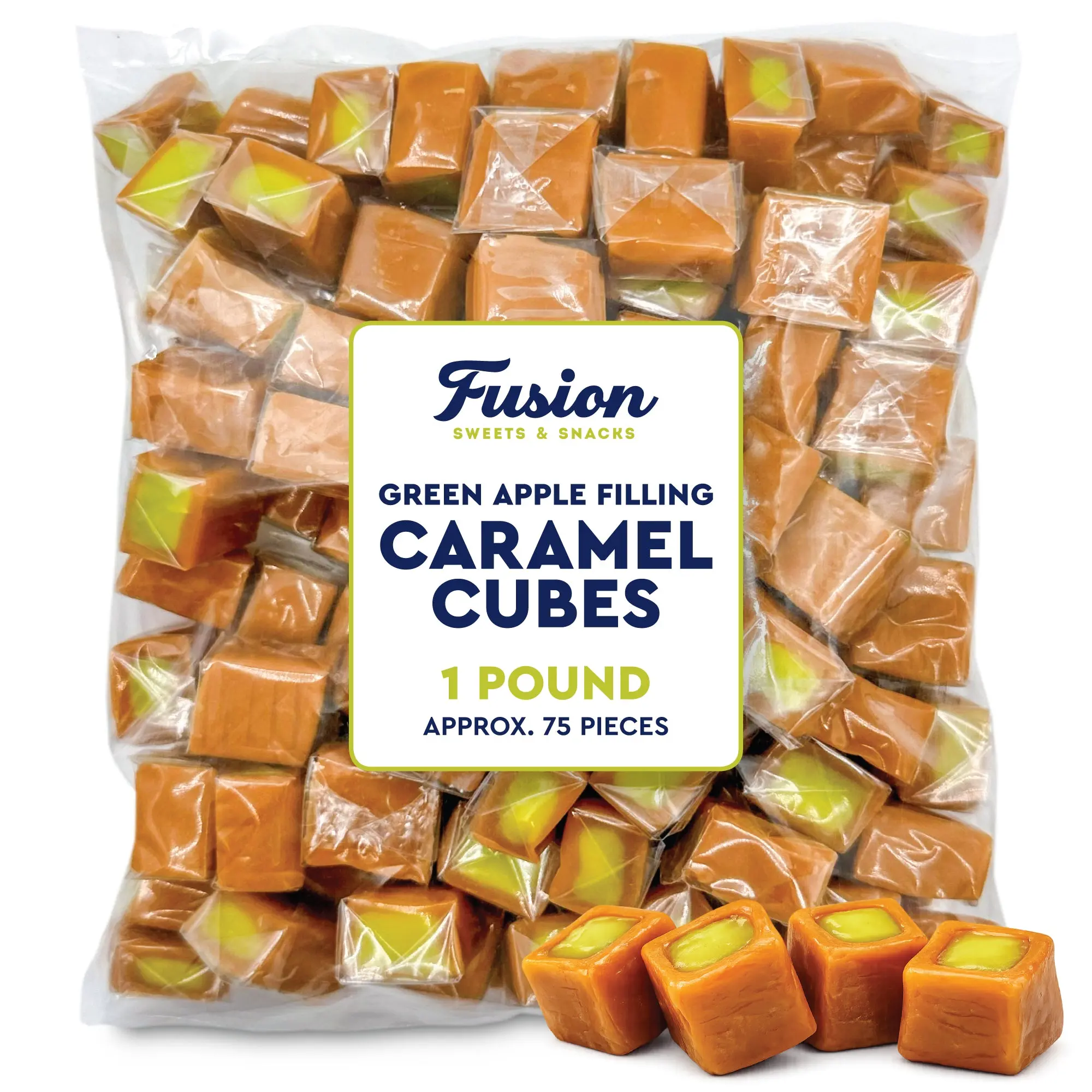 Green Apple Filling Caramel Cubes Candy - 1 lb Bulk Bag, Individually Wrapped Sweet Snacks, Classic Soft Chews, Office & Holiday Occasions (Approx 75 Count Candies, Fruit Flavor)