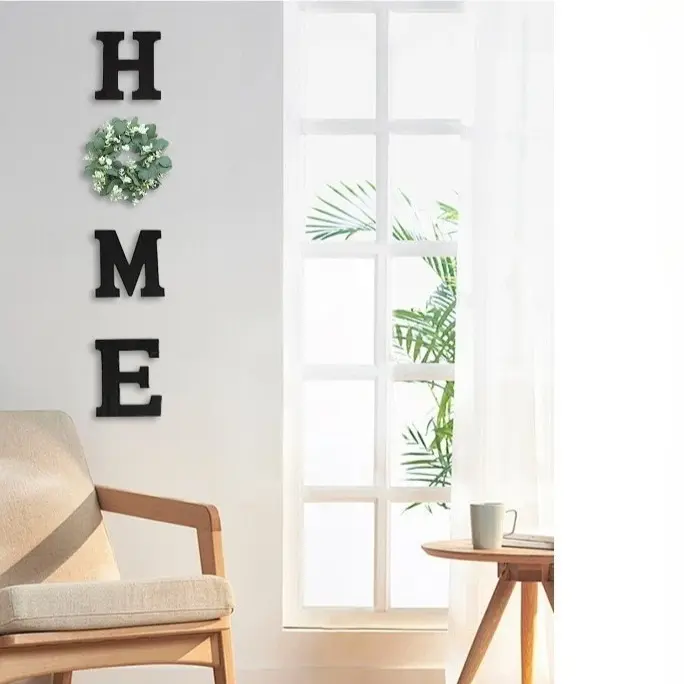 Wooden HOME Letters Decor With Artificial Eucalyptus Wreath, Rustic Farmhouse Hanging Wall Sign, Stylish Indoor Ornament For Living Room, Kitchen And Christmas Holiday Decoration