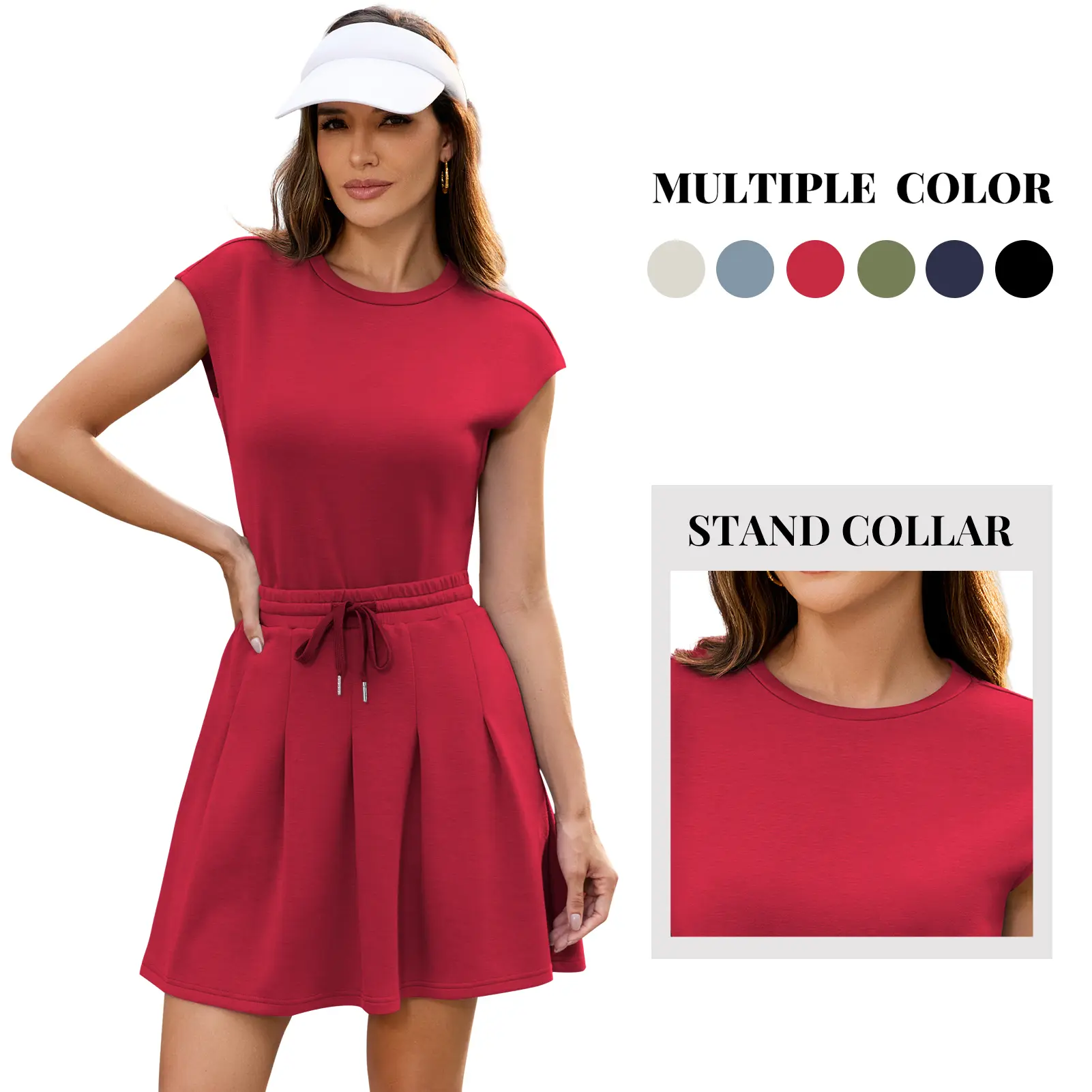 Women's 2-Piece Fitted Cotton Athletic Skirt Set, Sporty Chic Tennis Wear with Above-the-Knee Pleated Skort and Solid Crewneck Cap Sleeve or Sleeveless Top, Pleated Skirt Outfit, Pleated Skirts sohochic