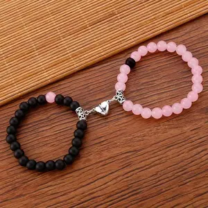Trendy Black Pink Beaded Bracelets, Cute Matching Couple Wrist Accessories for Daily Casual Fashion Use