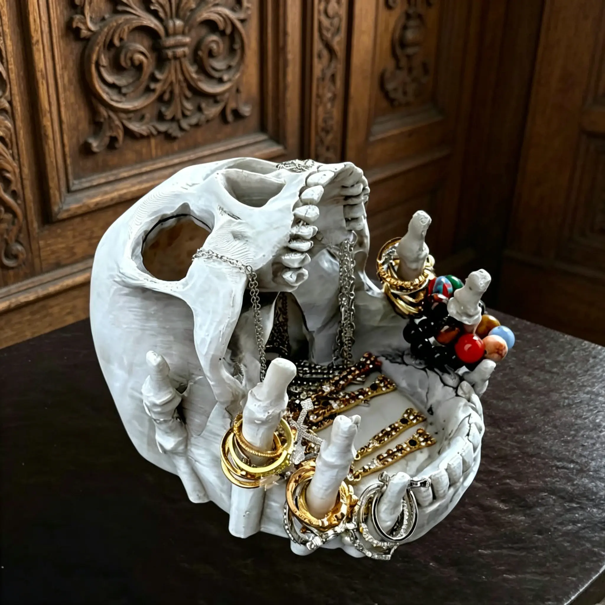 Skull Jewelry Storage Box - Gothic Halloween Decor with Multiple Compartments, Necklace Hooks and Liner - Resin Desktop Storage Box for Rings, Earrings, Necklaces - Artistic Home Decor Accessory
