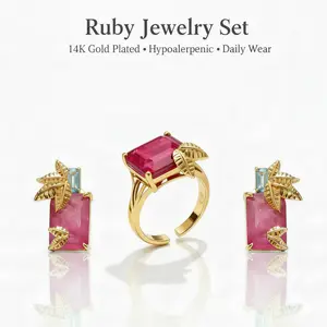 Redsea Island--Gemstone Ring & Earrings Set Elegant Gold Leaf Jewelry for Women Perfect for Weddings Parties & Formal Events