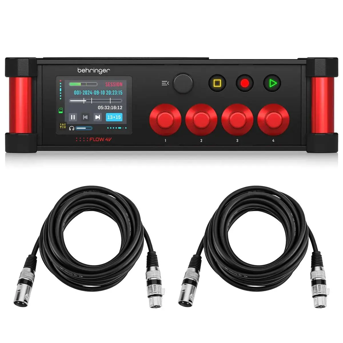 Behringer FLOW 4V Digital Audio Mixer and Field Recorder with Wireless Remote Control, Bundle with 2x 15' XLR Microphone Cable