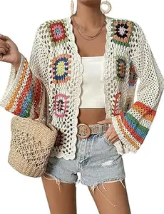 IDEALSANXUN Floral Crochet Cardigans for Women Trendy Spring Summer Hollow Out Open Front Boho Cardigan Sweater Tops Shrug sale lace lover granny square Vintage Tribal Knit Cardigan with Belt