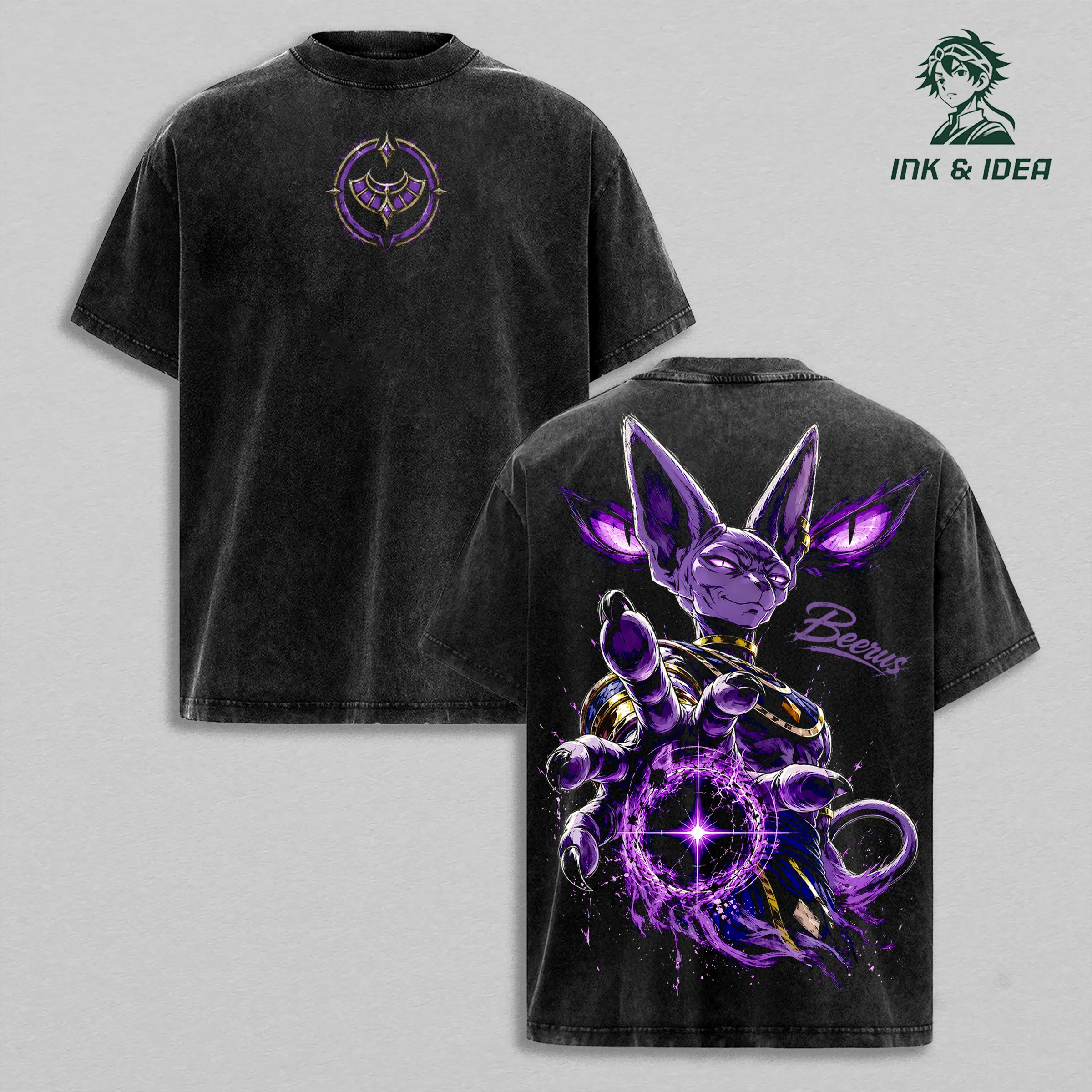 Beerus DBZ Super Vintage Washed Anime Tee, God of Destruction Hakai Graphic Shirt, Heavy Cotton Oversized Streetwear T-Shirt, Unisex Anime Fan Gift