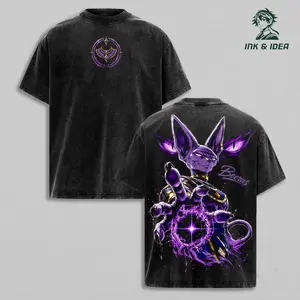 Beerus DBZ Super Vintage Washed Anime Tee, God of Destruction Hakai Graphic Shirt, Heavy Cotton Oversized Streetwear T-Shirt, Unisex Anime Fan Gift