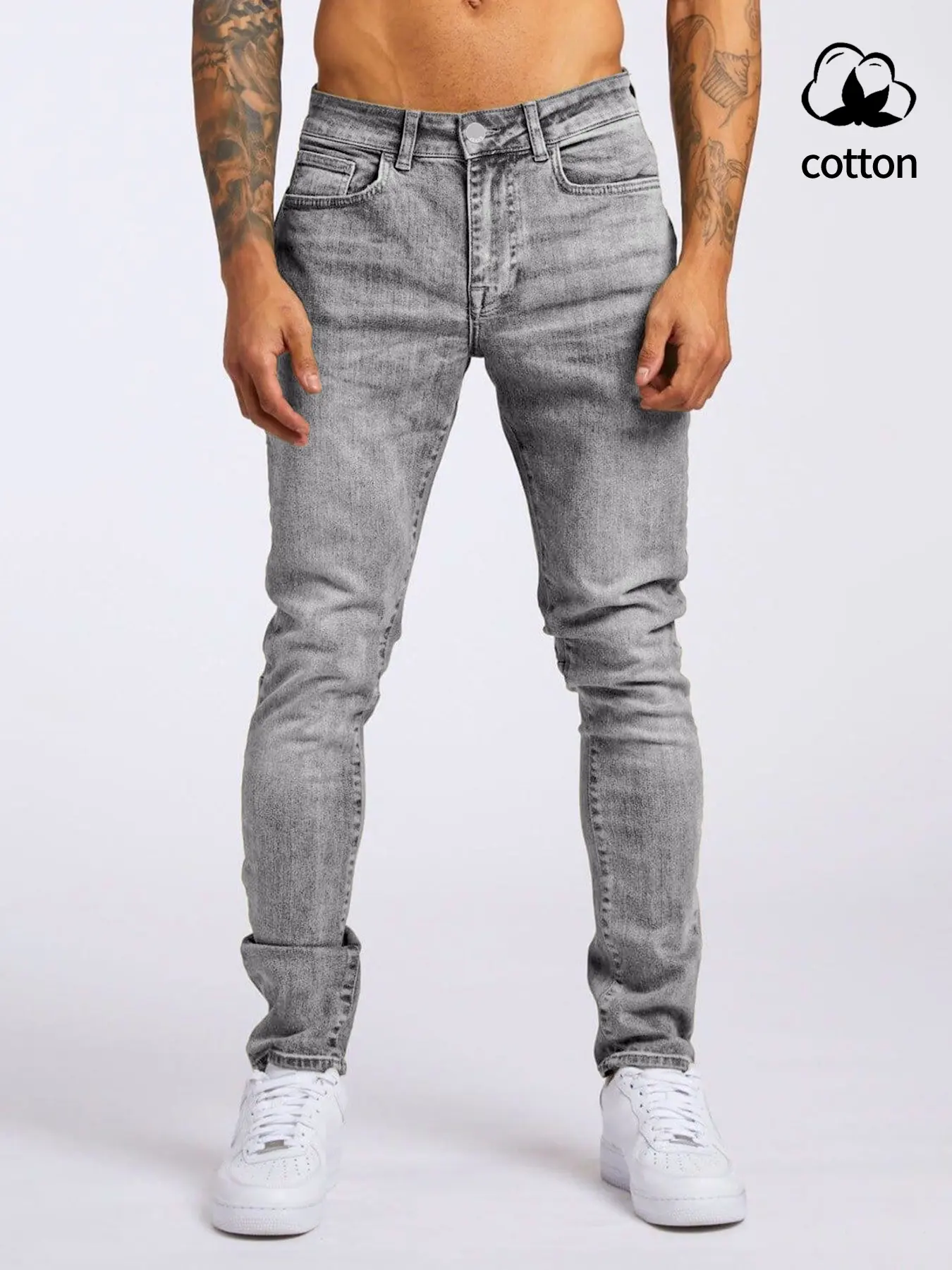 Men’s casual stretch skinny jeans; washed cotton denim for a distressed look; solid-color stretch denim jeans. Comfortable, form-fitting denim pants suitable for everyday wear and versatile fashion. Streetwear Slim Fit