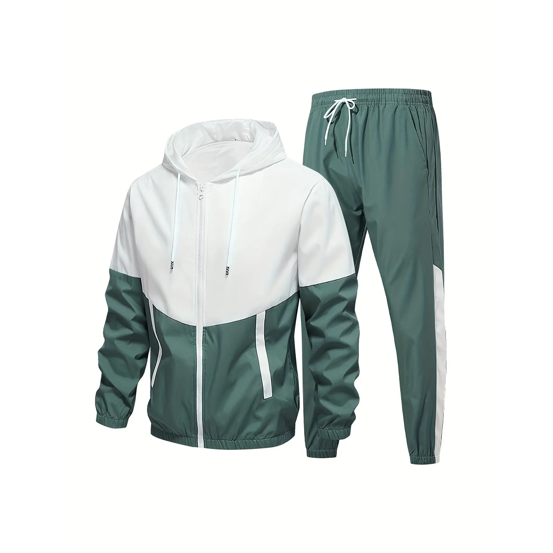 Men's Woven Tracksuit Set, Solid College Style Hooded Jacket and Pants, Regular Size Casual Sport Long Sleeve Outfits, Men's Outfit Sets, Casual Sports
