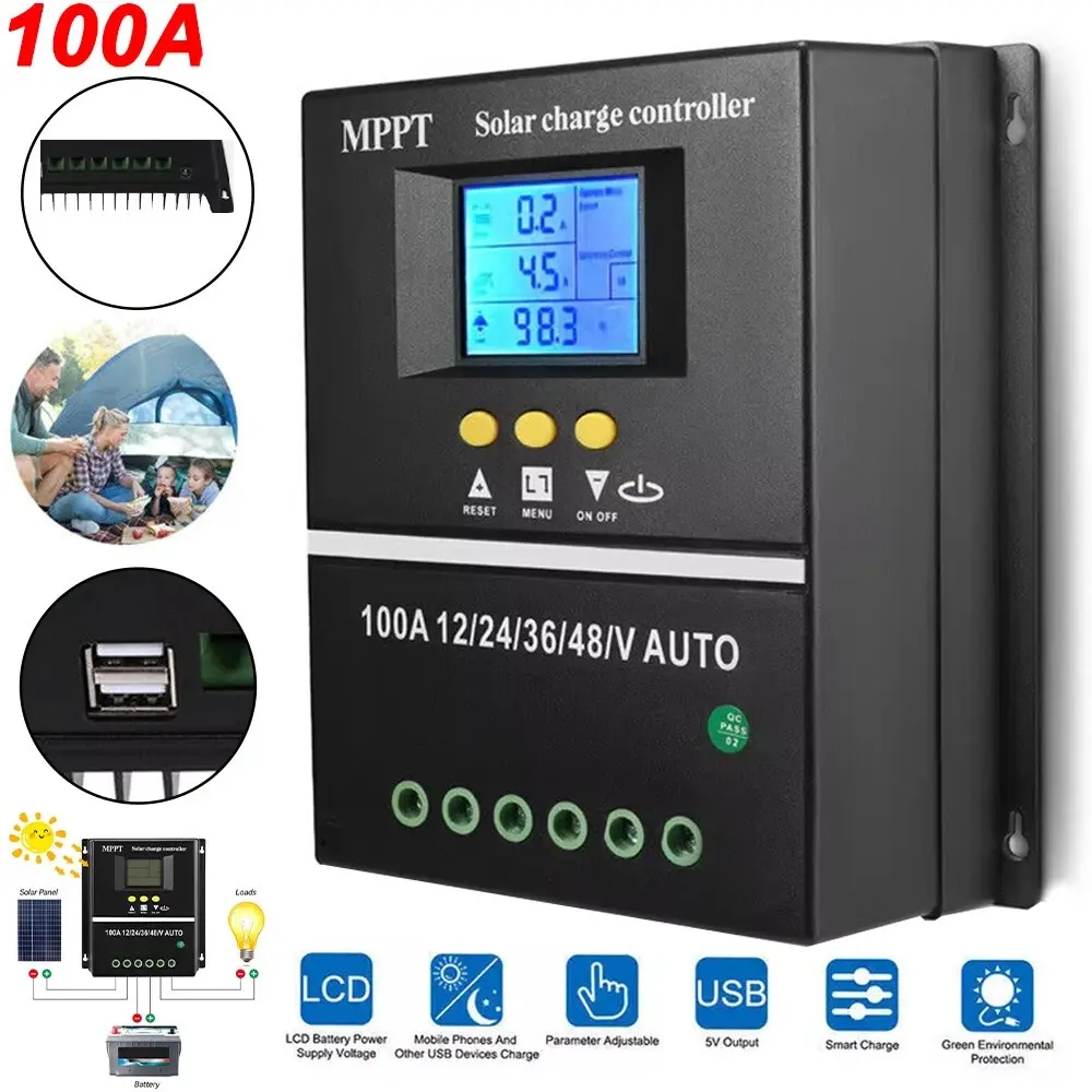 100A Auto Voltage MPPT Solar Charge Controller - 12V/24V/36V/48V, 4000W Single Unit PV Regulator with LCD Screen, USB Port, Protection, Light Control, Reverse Polarity, Aluminum Alloy for Home Solar Panels Electrical Systems, Photovoltaic Panel