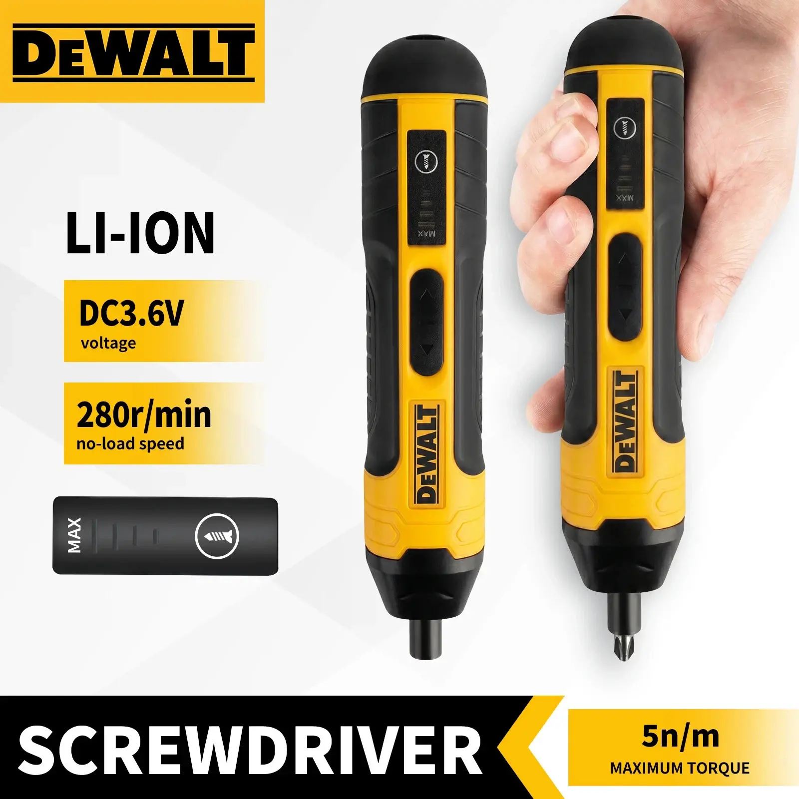 DEWALT 3.6V Cordless Electric Screwdriver 5N.m 1/4" Hex Chuck 1300mAh Li-ion Bat