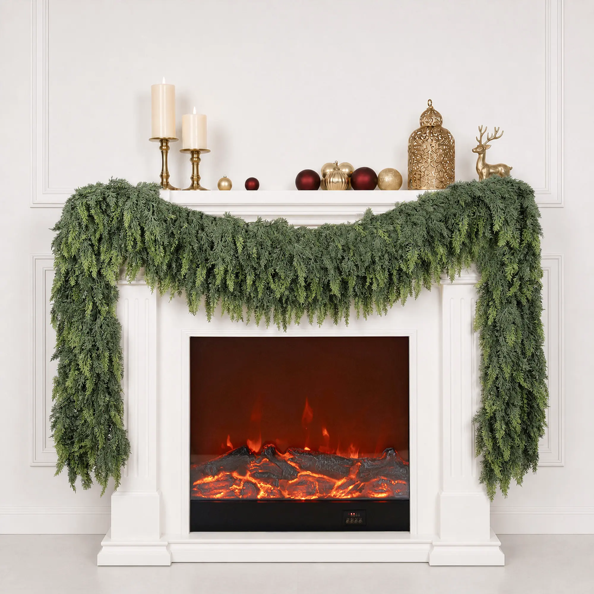 Senjie Christmas Low-maintenance Cedar Garland With Vertical Flow Perfect For Any Mantel Or Doorway Holiday Charm Real Touch Winter Green Pine（6FT,9FT)