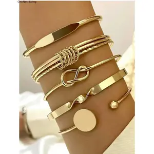 Women's 5-Piece Bohemian Metal Bangle Bracelet Set, Perfect for Boho Outfits