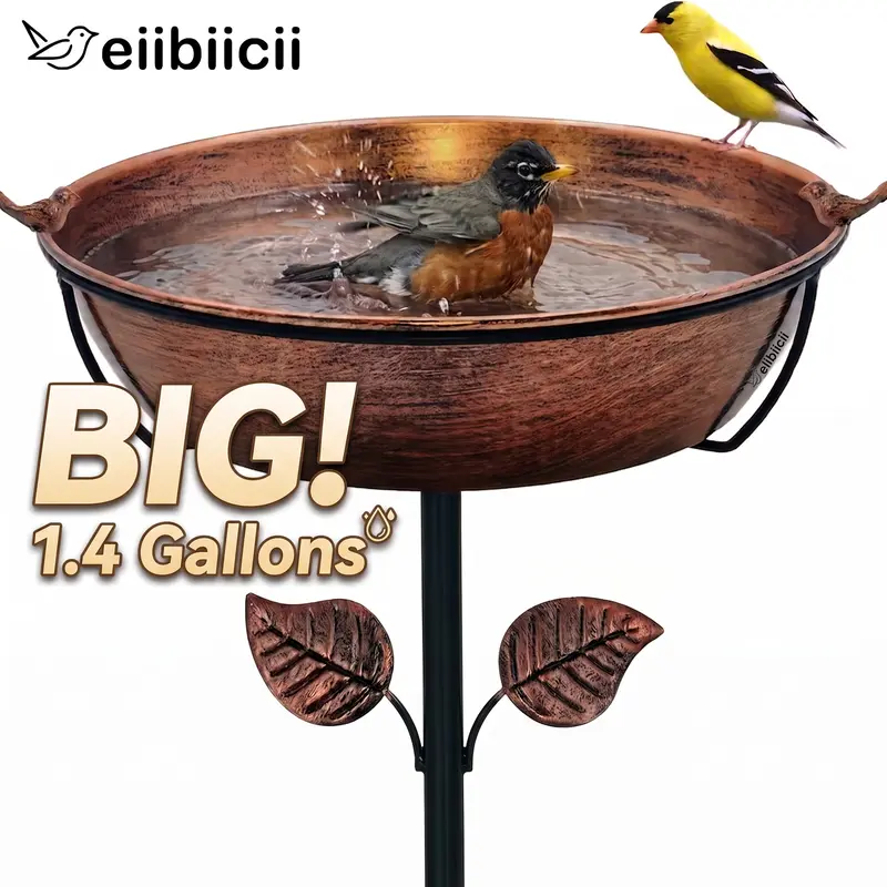 Cast Iron Outdoor Bird Bath Basin for Wild Birds - 1.4-Gallon Extra-Large, 13.6in Detachable Design, 41.6in Height, Rust-Proof, Easy to Clean, 2 Decorative Ornaments, Universal Retro Artistic Garden Courtyards Backyards Decor, Water Storage Function