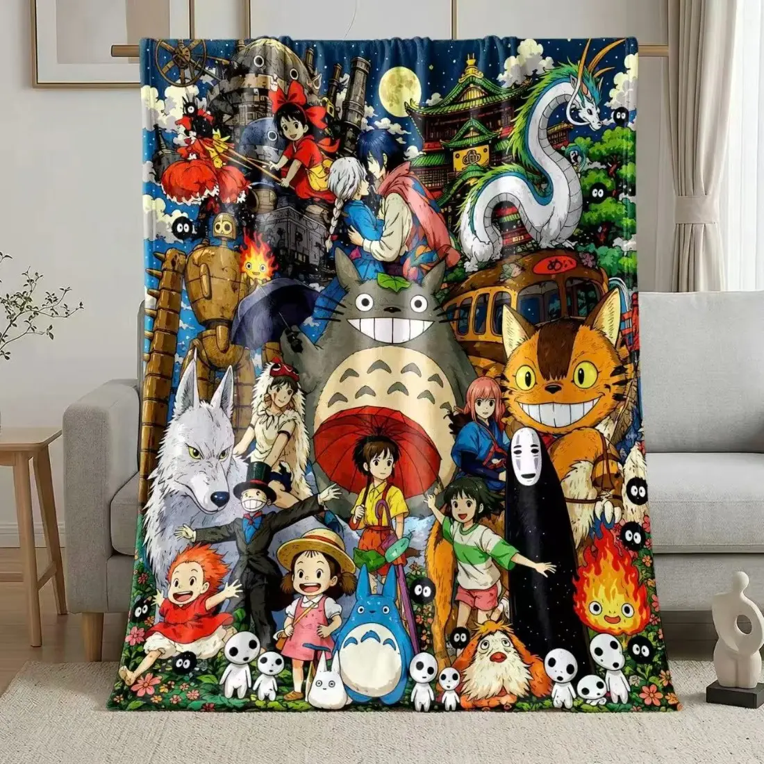 Trending Ghibli Anime Studio Ghibli "All Films" Characters Oversize Blanket Cozy Throw Blanket TikTok Viral Anime Fan Tapestry Cozy Flannel Fleece Ideal for Anime Nights Dorm Room Decor & Kawaii Home Perfect for Ghibli Collectors & Weebs