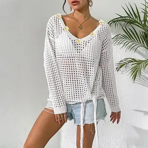 Boho Drawstring Hem Crochet Long Sleeve Top