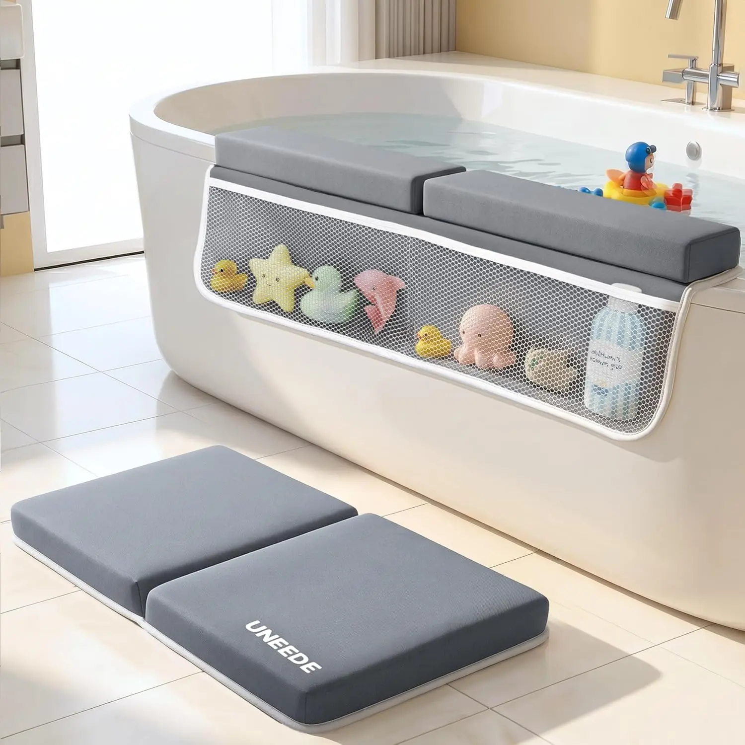 UNEEDE Unisex Baby Bath Kneeler and Elbow Rest Pad Set, 1.5” Thick Memory Foam Knee Pads, Bathtub Mat with Toy Organizer for Infants/Toddlers, Grey, Elbow Support