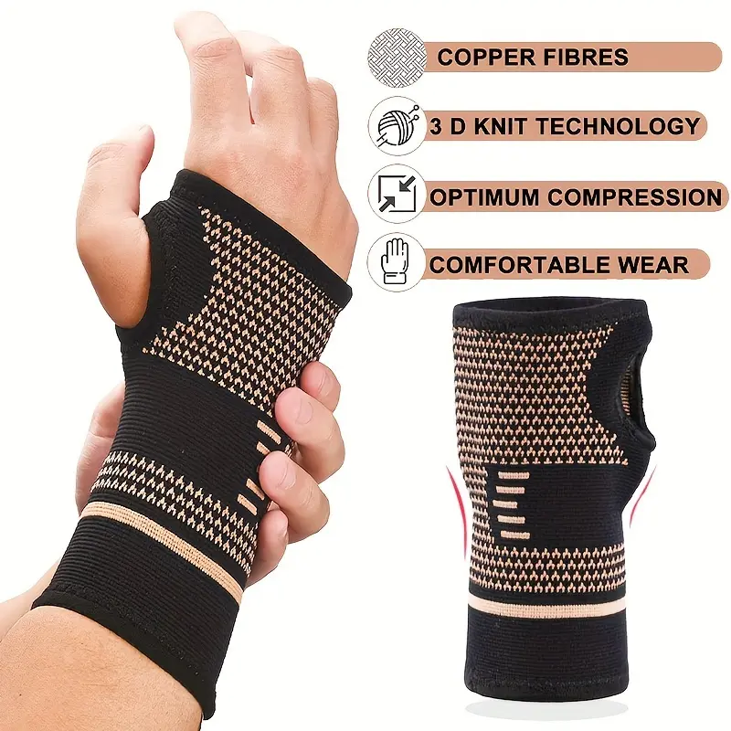 1 Piece/2 Pieces Copper Wrist Compression Sleeve, Elastic Wrist Support Sleeve, Compression Wrist Brace, Breathable Carpal Tunnel Wrist Brace, Suitable for Sports, Fitness, Exercise, Typing