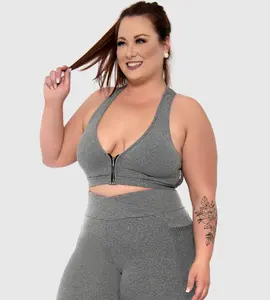 Racerback Front Zip Plus Size Sports Bra Gray