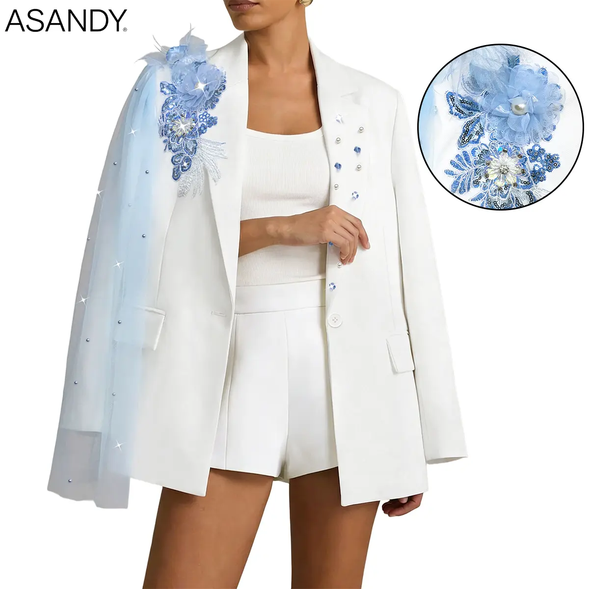 ASANDY Women's Elegant 1-Piece Woven Long-Sleeve Suit - Buttoned V-Neck Lapel Blazer with 3D Blue Handcrafted Florals, Tulle Streamers, Rhinestone Pearls, Crystals, Above-The-Knee Formal Wear for Weddings, Special Events