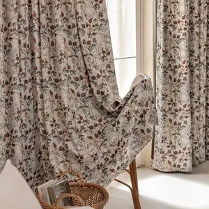 1pc Vintage Wild Fruit Branch Leaf Print Home Decoration Curtain, Soft Fabric, Dense Print, Retro Natural Style, Floral Plant Design, Living Room Bedroom Decor
