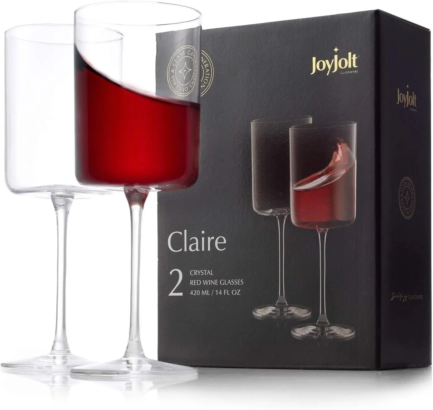 JoyJolt Claire 14oz Red Wine Glass Set, Large Wine Glasses Set of 2, Elegant Crystal Wide Rim Stemware, Modern Glasses with Stem, Made in Europe Stemmed Glassware for Unique Gifts