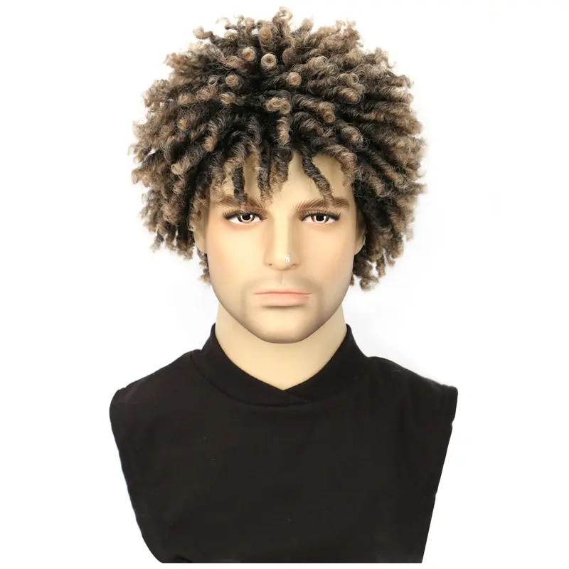 Men's 137g Glueless Synthetic Hair Full Machine Wig - Short Afro Twist Braided Coily Locs with Bangs, Curly Afro Wigs for Casual, Daily Fashionable Wear