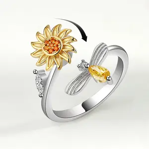 Adjustable Open Rings for Women, Featuring Unique Copper, Designed to Alleviate Anxiety And Stress, Sunflower Rotating Design