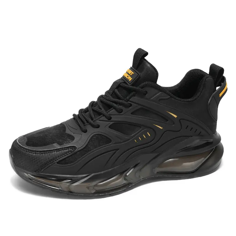 Men's Futuristic Mecha Look Chunky Sneakers, Active-Casual Trainers with Black Gold Accents, Full-Palm Air Cushion, Breathable Mesh, Shock-Absorbing, Anti-Skid, Adjustable Laces for Street Jogging, Gym