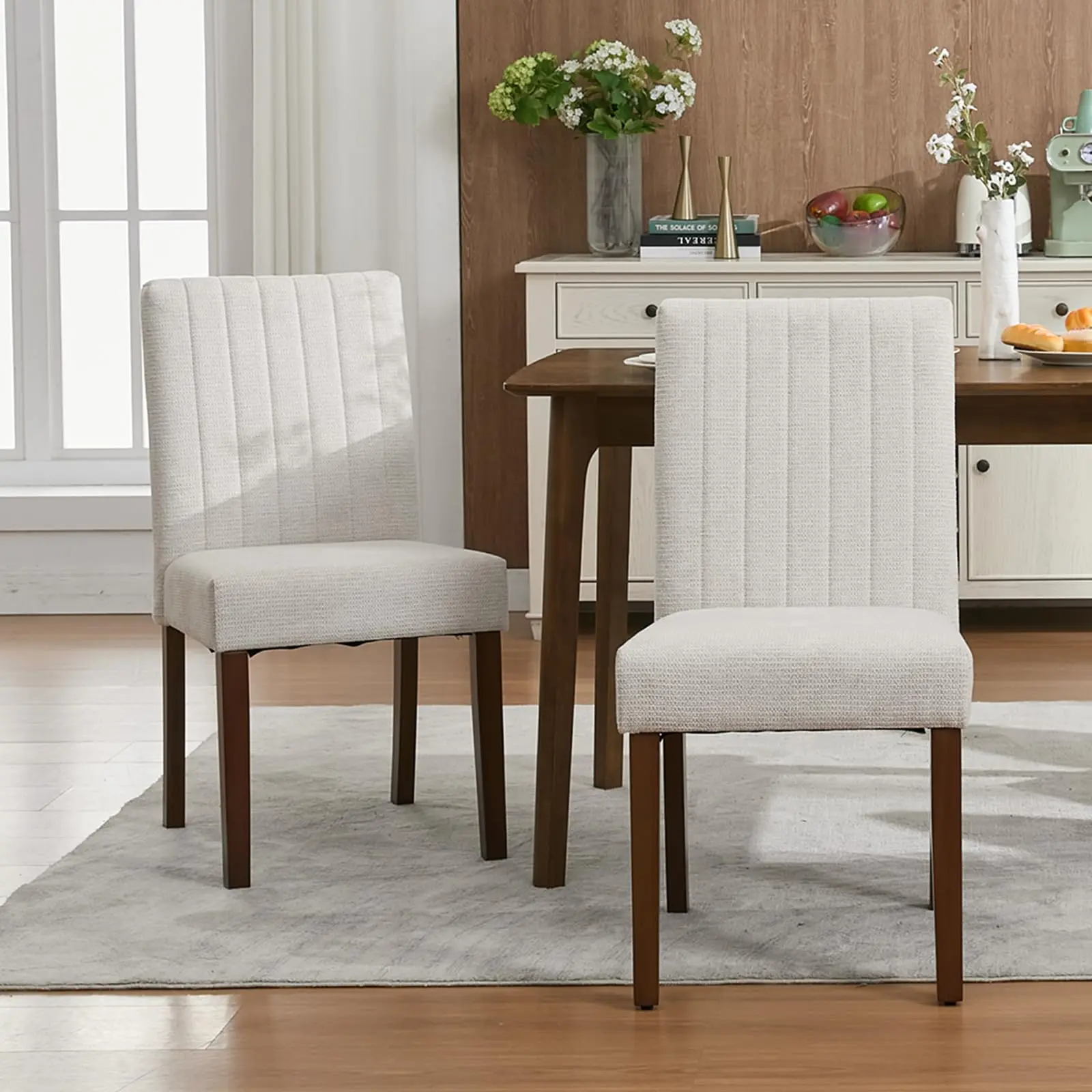 Garvee Set of 2 Modern Beige Upholstered Dining Chairs with Button Detailing, Wooden Legs, and Padded Seats, Ideal for Dining Room, Kitchen, Farmhouse, or Hotel Use