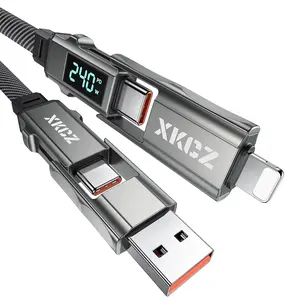 4 in 1 USB C  with Wattage Display, 240W Flat Nylon Braided Multi Charge  with Data Sync, USB C  Cord Combo Type C/USB A/L Port for /iPad//Laptop, 5FT