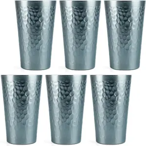 Aluminum Cups for Drinks, Hammered Gray Tumblers Set of 6, Aluminum Drinking Cups for Father's Day Gift, 16 oz