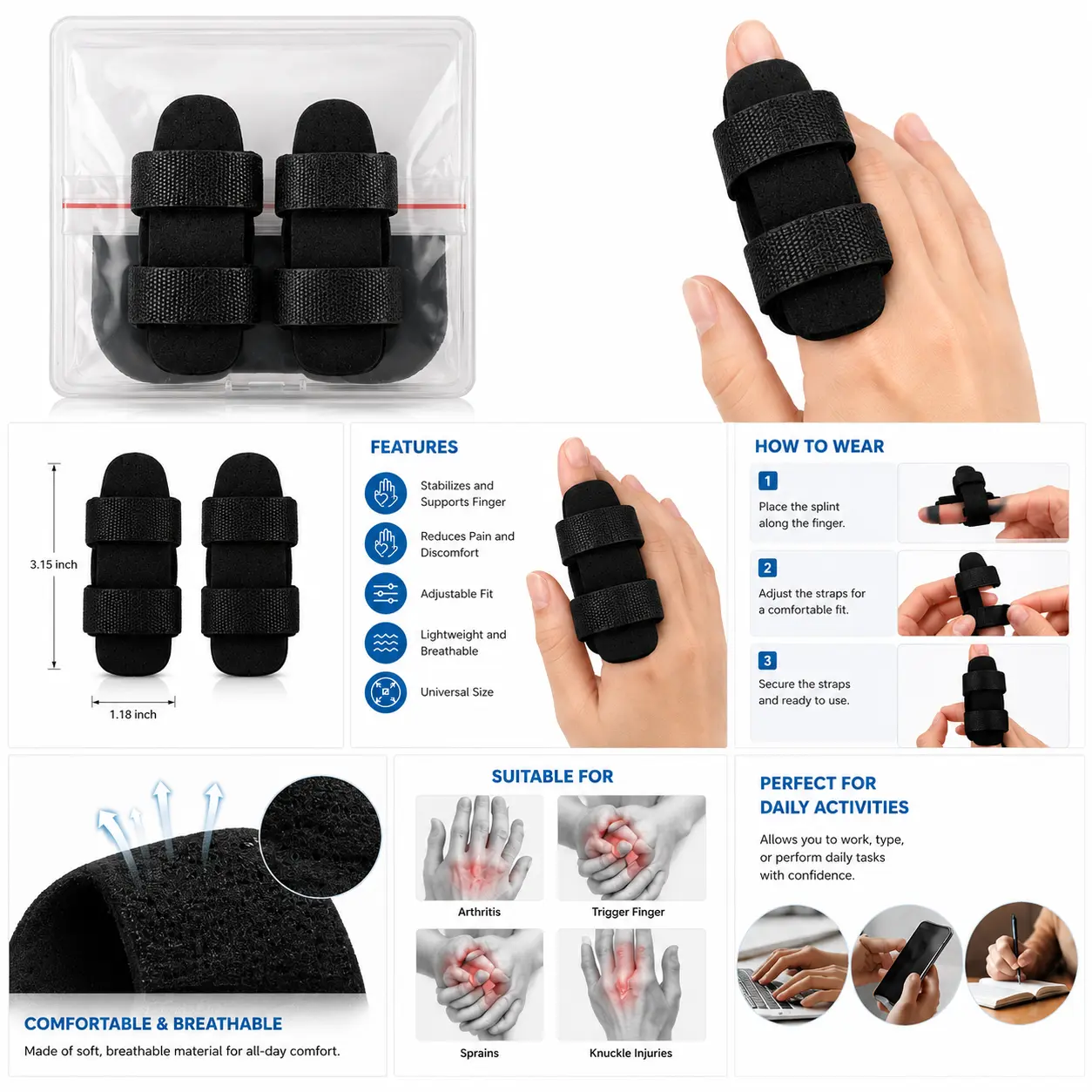 Pain Relief Finger Splints Adjustable Neoprene Support for Arthritis Tendinitis Swelling Sprains Mallet Finger 6 Pack Universal Fit for Men Women