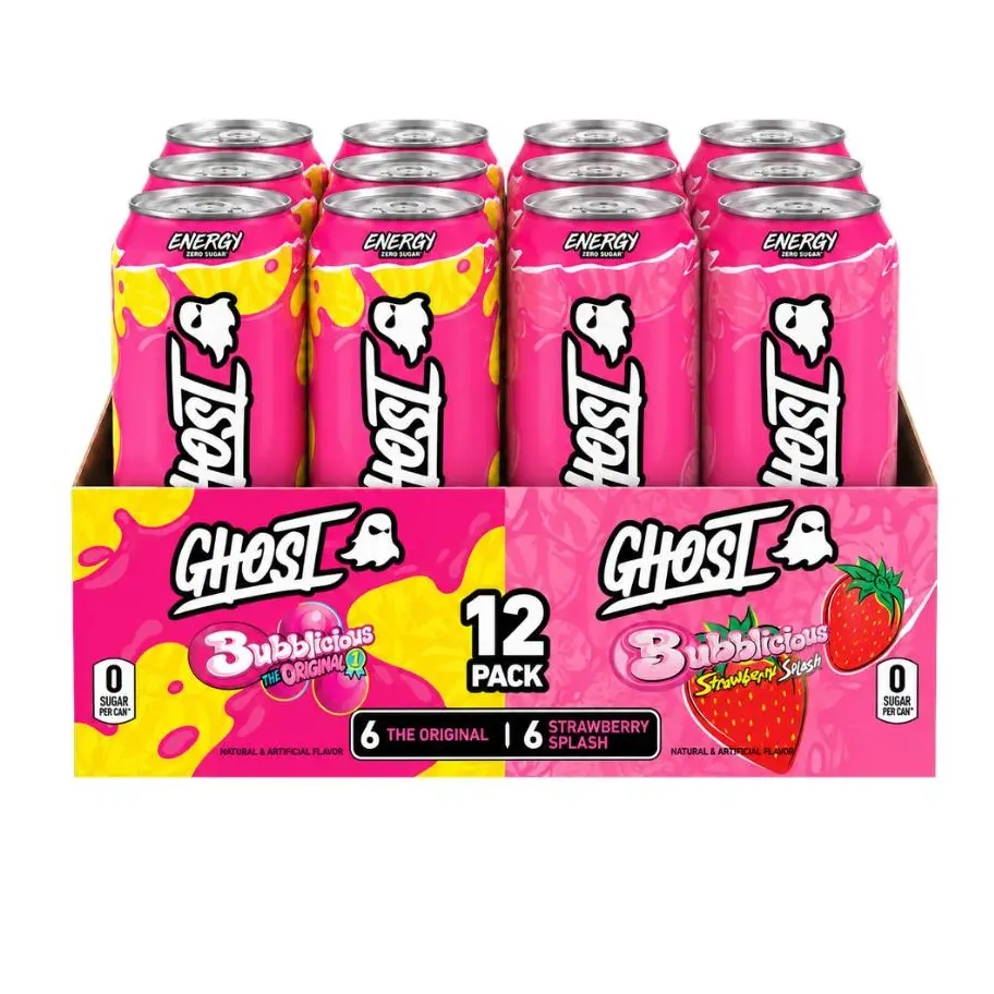 GHOST Caffeinated Energy Beverage 12-Pack Case - 0 Sugar, Low Calorie, Carnipure L-Carnitine, Energy Booster, Sports Beverage, Fitness Drink, BUBBLICIOUS Flavor (Summerwins Available), Healthy Energy Drinks, Caffeine Energy Boost