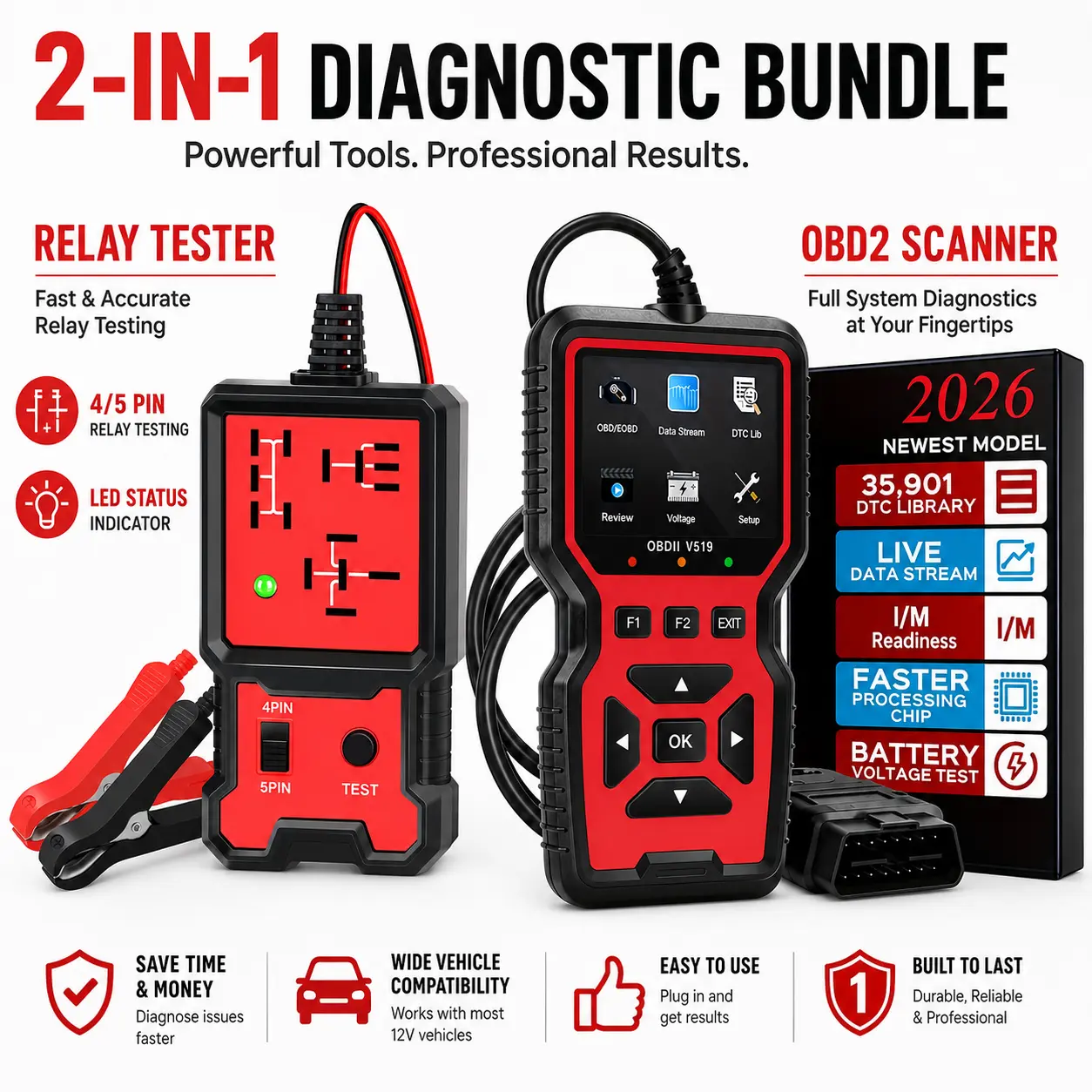 2-in-1 Automotive Diagnostic Tool Bundle, OBD2 Scanner Code Reader with Relay Tester, Read/Clear Engine Fault Codes, Live Data, I/M Readiness, Battery Voltage Check, 4/5 Pin Relay Testing for 12V Vehicles