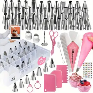 This 116-piece cake decorating and baking tool set, Cake Decorating Supplies, includes 55 types of pipe tips, 50 pipe bags, 3 types of cake spatulas, and a storage box.