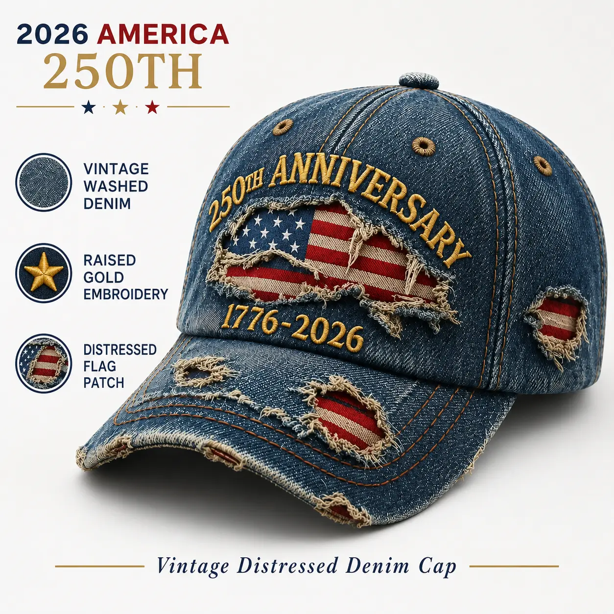 Vintage Distressed Denim Dad Hat, America's 250th Anniversary Fitted Cap with Embroidered American Flag Figure and Rugged Fray Details, Outdoor Daily, Unisex Wear, Vintage Washed Denim, Flag Patch, Distressed Look, Adjustable Fit, Denim Fabric