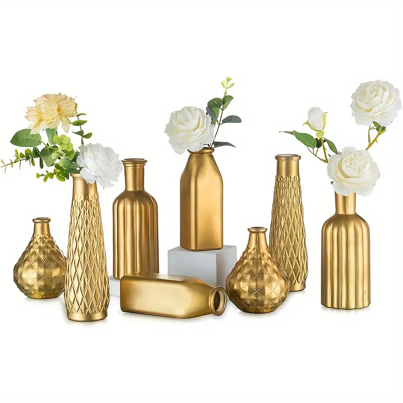 4pcs/8pcs Round Gold Glass Decorative Flower Vase - Gilded Finish Vintage Vase with Gold Accents, Artistic Home Decor, Dining Table Centerpiece, Christmas Decor