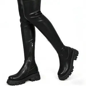 Chunky Platform Knee High Boots With Side Zipper Women's Stretch Booties For Petite Ladies Street Style Winter Fall Date Night Commute Versatile Long Boots