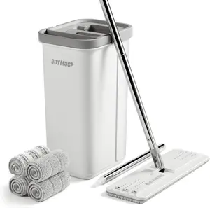 JOYMOOP Mop and Bucket with Wringer Set Hands Free Flat Floor Mop 60" with 4 Reusable Microfiber Pads Wet Dry Use Self-Cleaning System