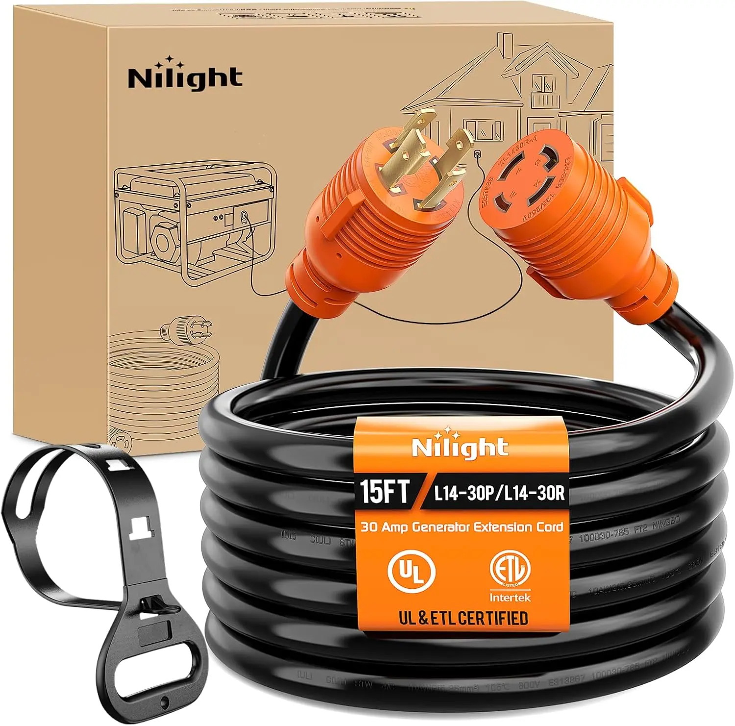 Nilight 30A 15FT Generator Extension Cord - 125/250V 7500W 10 Gauge Pure Copper STW Flexible Wire, ETL Listed 4-Prong L14-30P/Female Plug: L14-30R, Heat Resistant High Conductivity Weather Resistant Cable for RV Camper, Power Outage, Tailgating, Rv Users