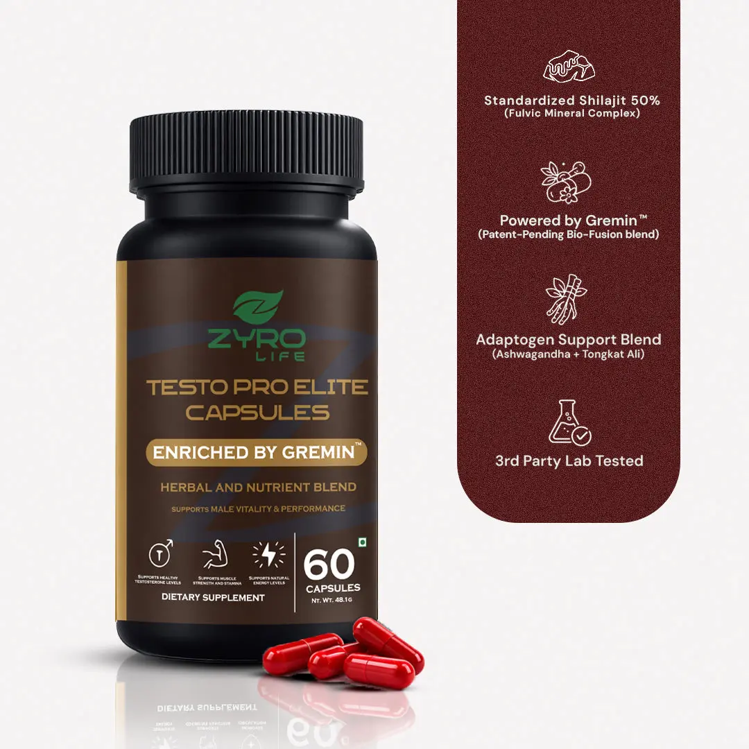 Zyro Life Testo Pro Elite Edible Dietary Supplement Capsules - Natural Gremin™ Bio-Fusion Formula, Lab-Tested for Stress Relief, Mood Support