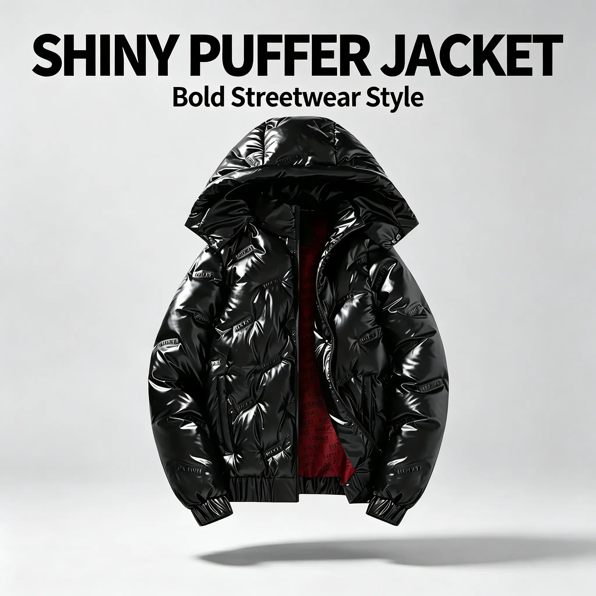 Men’s Glossy Black Hooded Down Coat - Menswear Top with Embossed Logo, Stitched Design, Elegant Warm Insulation for Everyday Casual Wear, Snowy Days, Coats