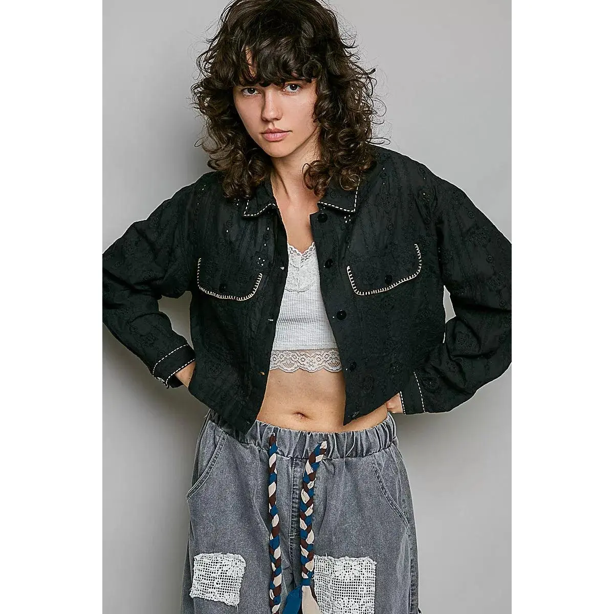POL Cropped Button-Front Eyelet Cotton Jacket