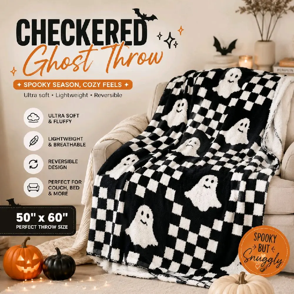 Halloween Ghost Throw Blanket 50x60, Ultra Soft Checkered Knit Blanket, Fluffy Plush Microfiber Checkerboard Couch & Bed Throw, Cozy Black White Halloween Decor