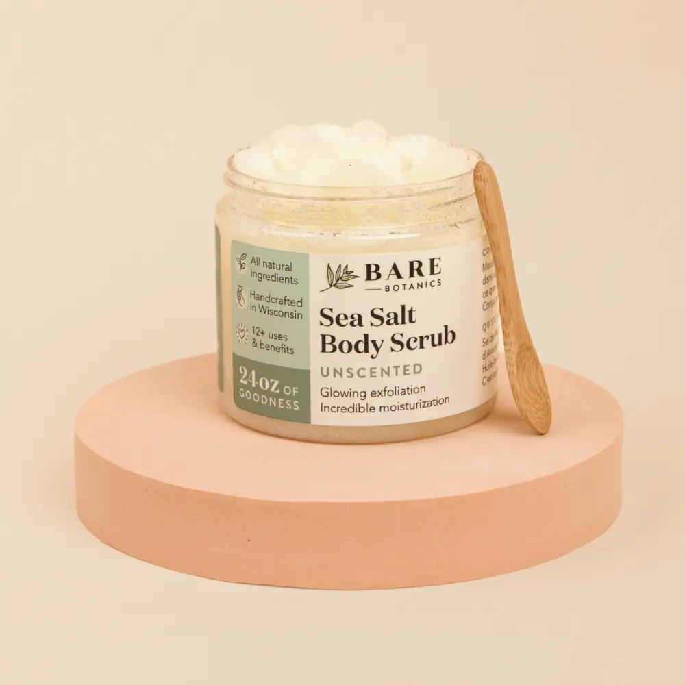 Bare Botanics All Natural Sea Salt Body Scrub 24 oz Unscented, Double Exfoliating & Ultra Moisturizing Hydrating Skin Polish with Jojoba, Argan & Shea Butter, Vegan & Cruelty-Free